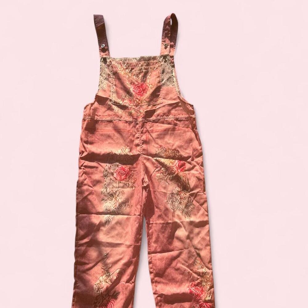 Pink floral overalls with red